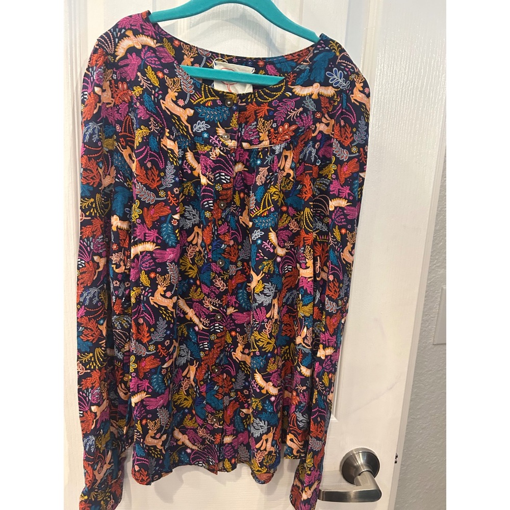 Anthropologieโ Conversations Blouse Navy Woodland Deer Owl Print Rayon Top 8